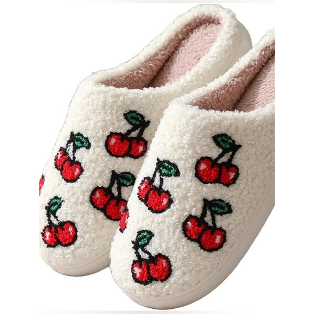 Fuzzy Cherry Print Slip-On Slippers Cream New Women’s Size 8-9